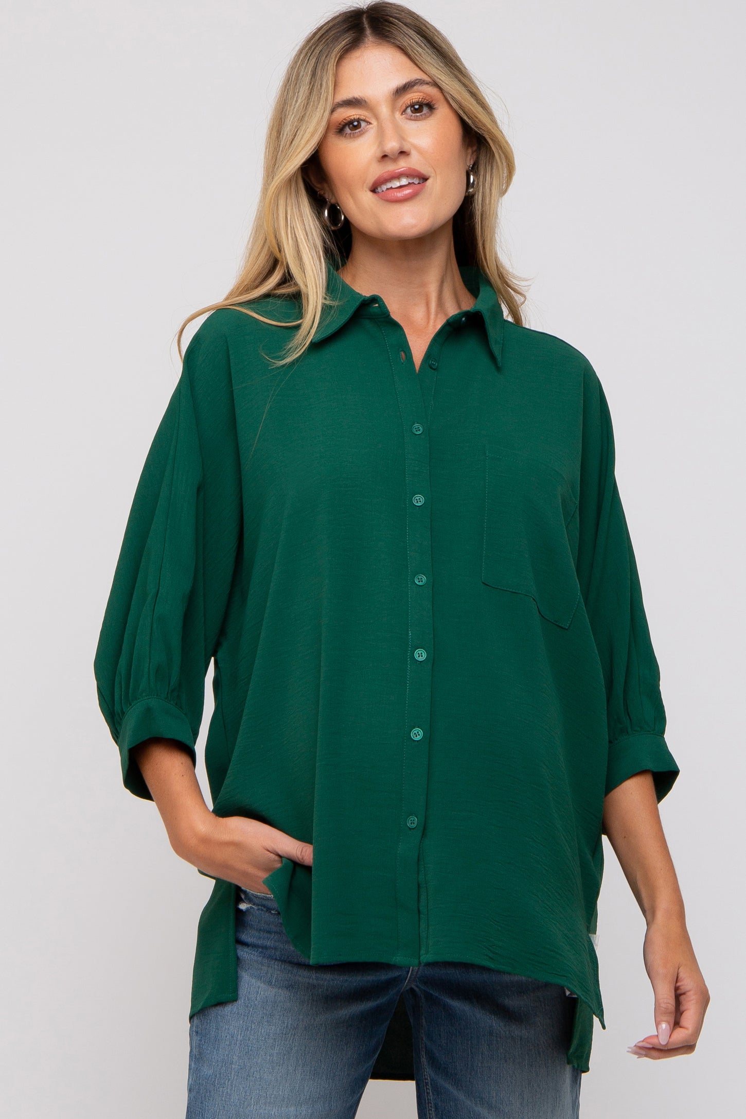 Forest Green Button Down 3/4 Sleeve Maternity Top