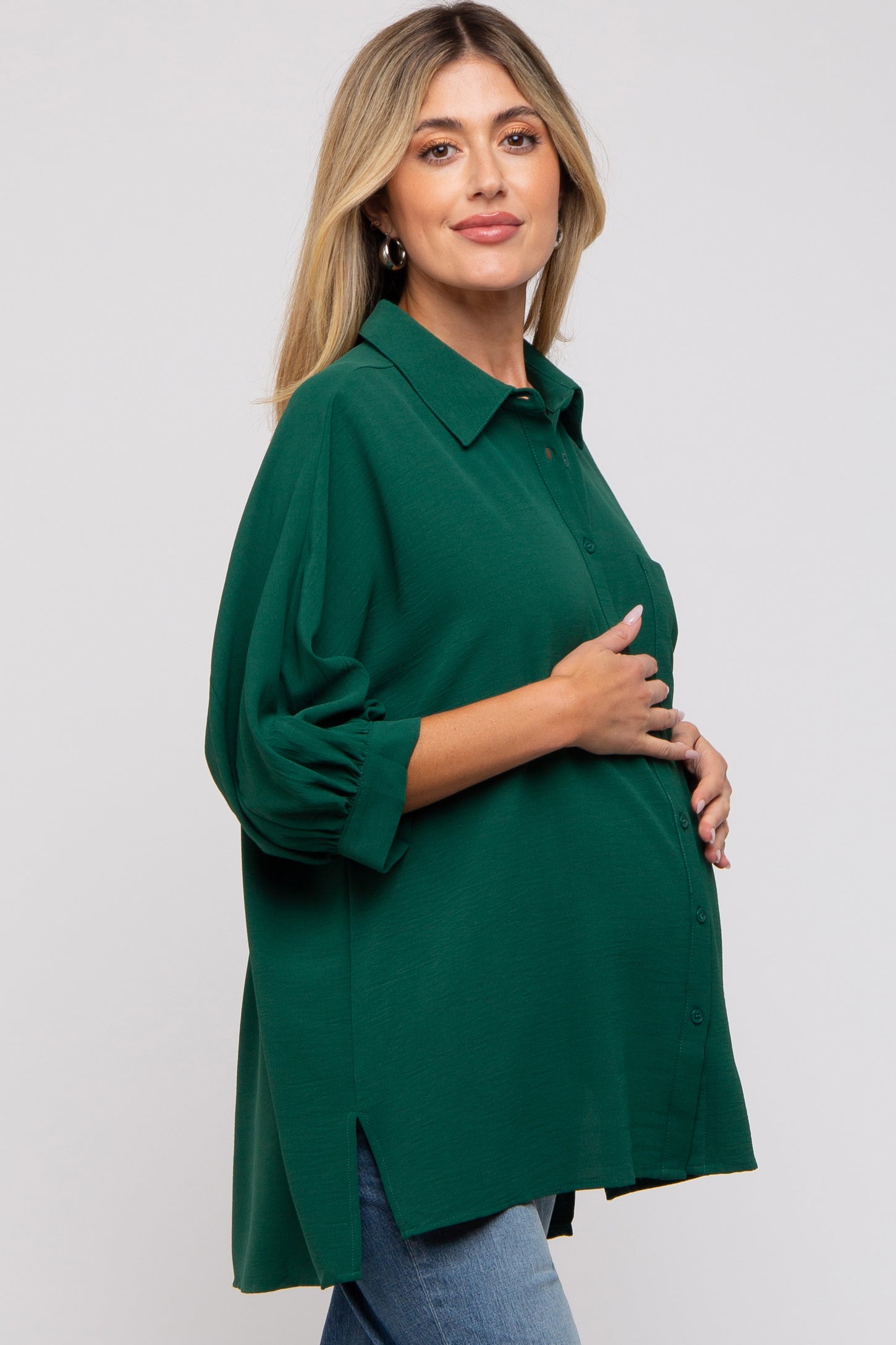 Forest Green Button Down 3/4 Sleeve Maternity Top