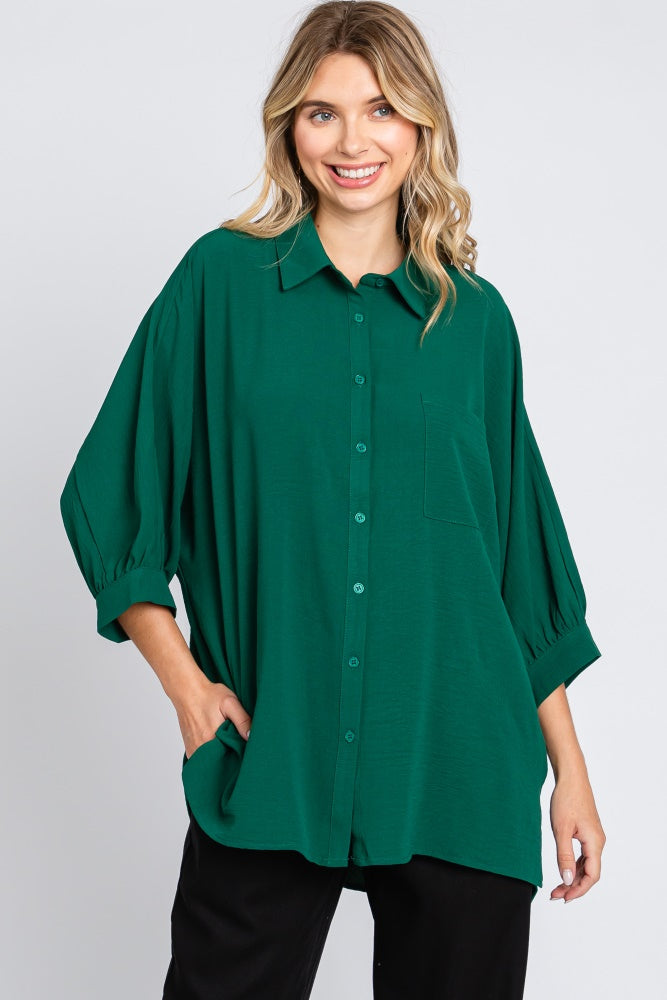 Forest Green Button Down 3/4 Sleeve Top