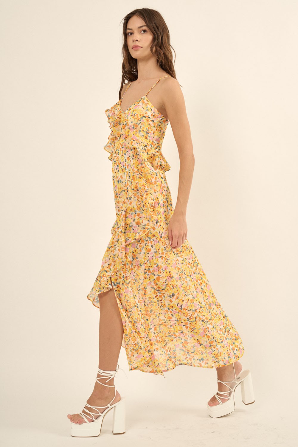 Yellow Floral Chiffon Handkerchief Side Slit Slip Dress – PinkBlush Yellow Floral Chiffon Handkerchief Side Slit Slip Dress – PinkBlush