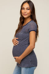 Navy Blue Striped Lightweight Short Sleeve Maternity Top