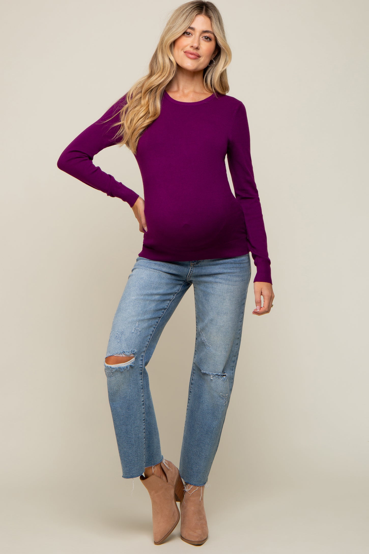 Purple Knit Long Sleeve Maternity Top