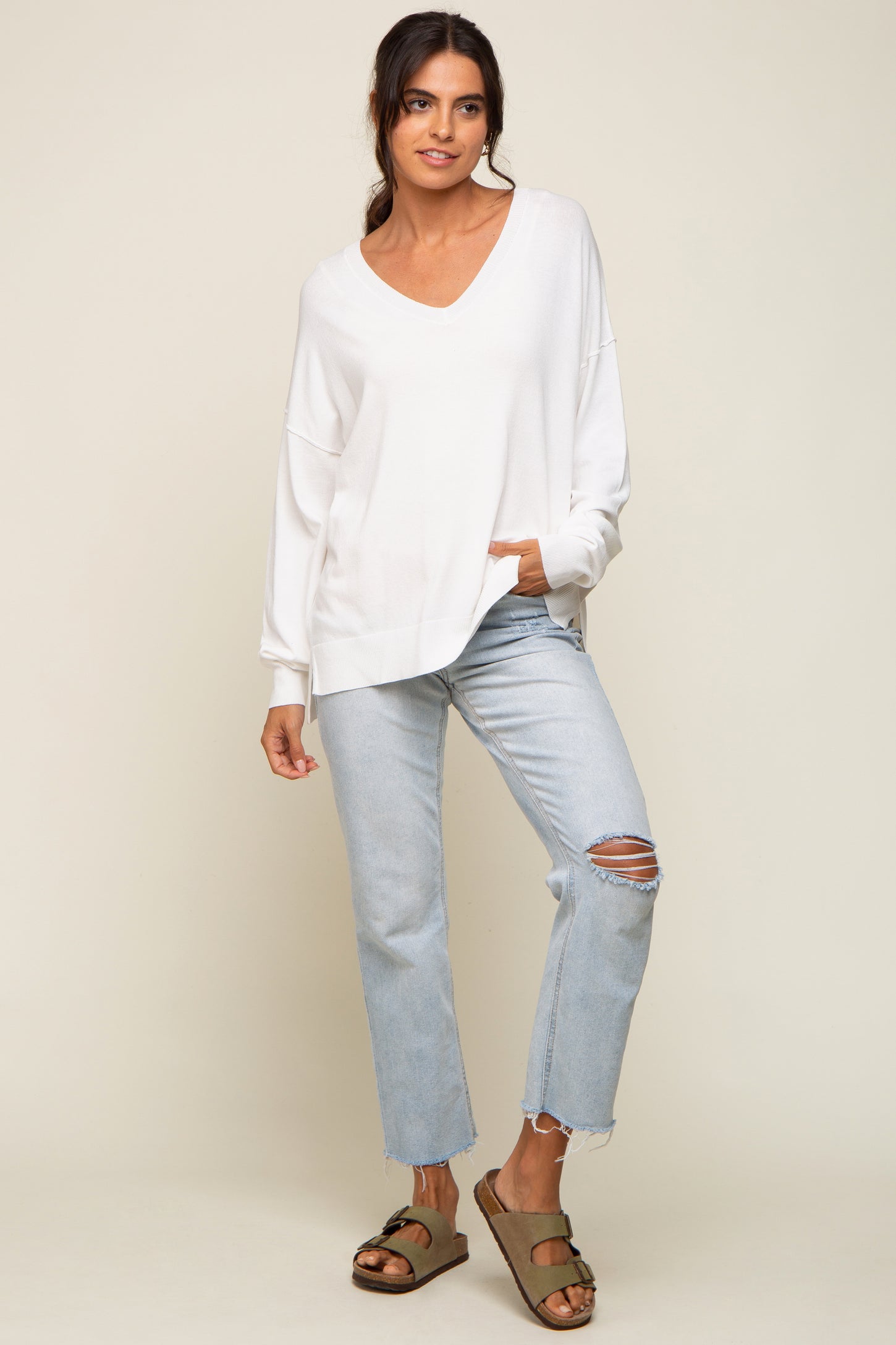 Ivory Knit V-Neck Long Sleeve Top