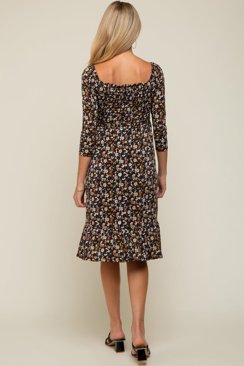 Black Floral Smocked 3/4 Sleeve Maternity Dress – PinkBlush