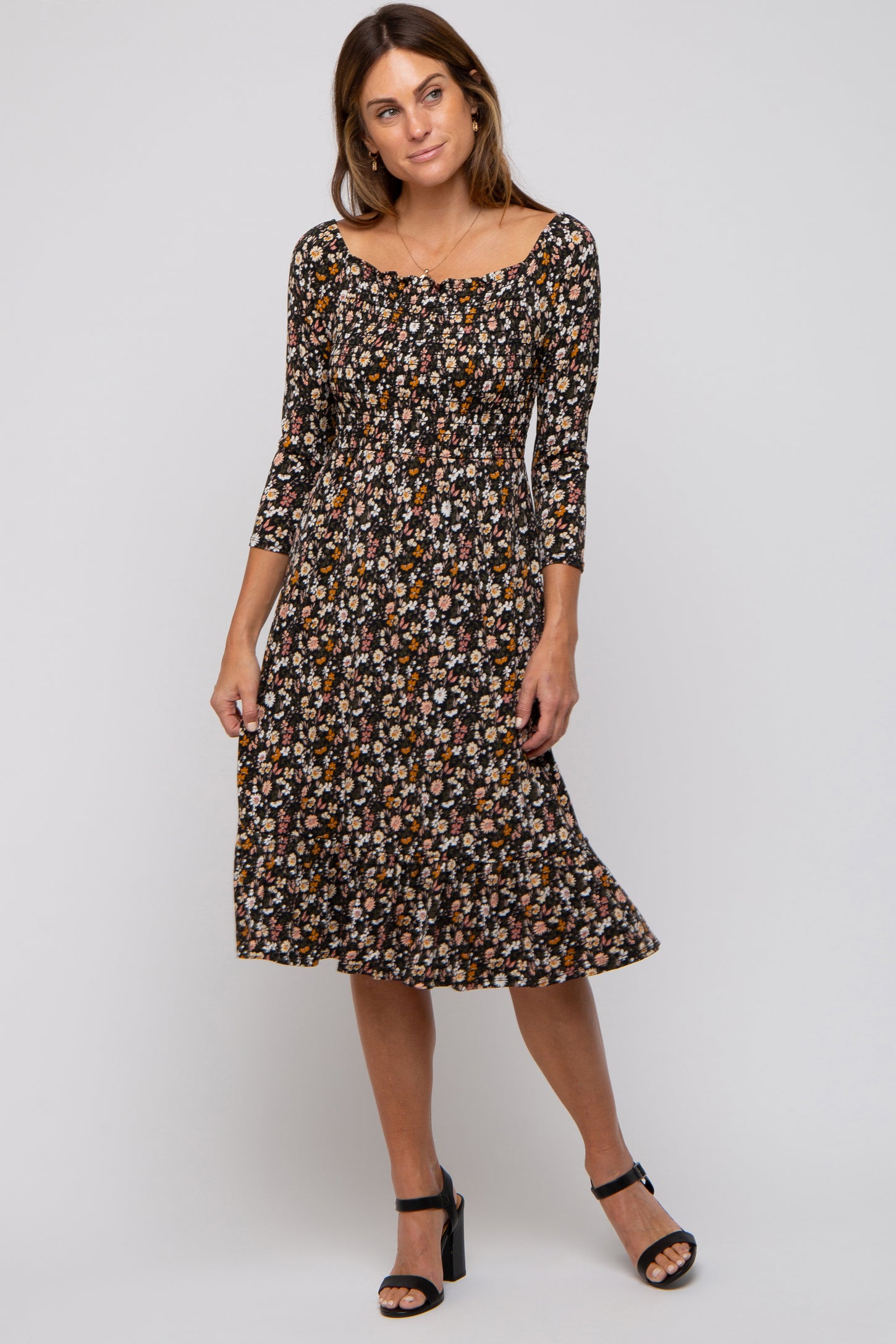 Black Floral Smocked 3/4 Sleeve Dress