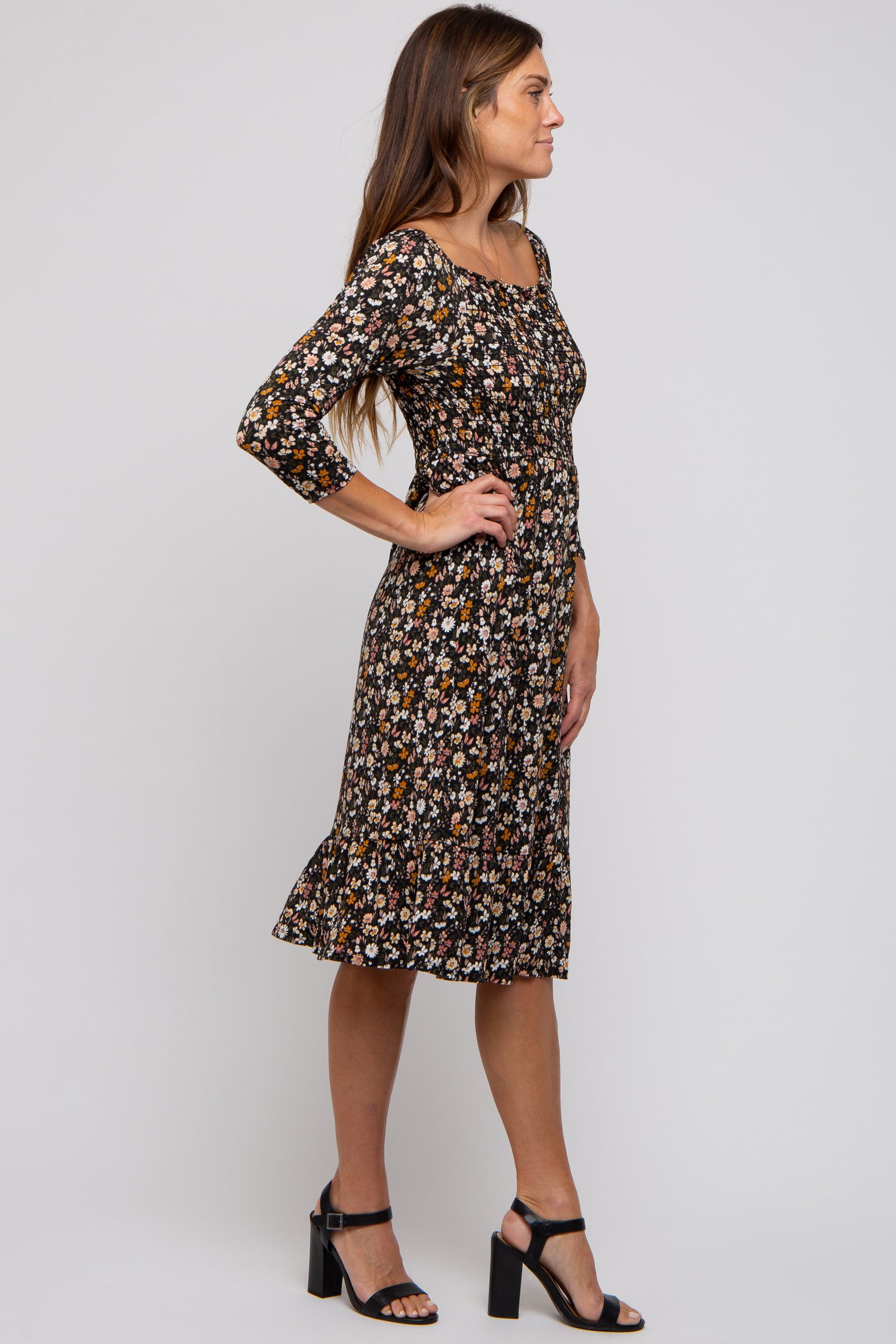 Black Floral Smocked 3/4 Sleeve Dress