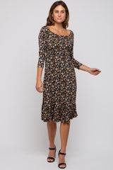 Black Floral Smocked 3/4 Sleeve Dress