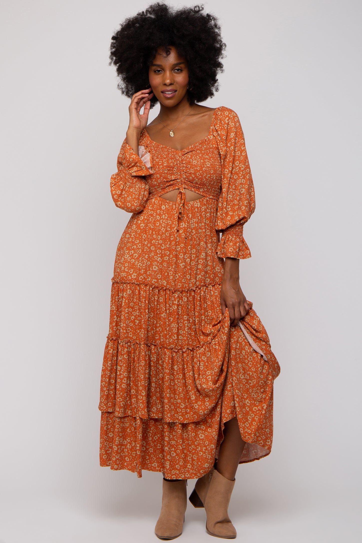 Rust Floral Smocked Front Cutout Tiered Maxi Dress PinkBlush Rust Floral Smocked Front Cutout Tiered Maxi Dress PinkBlush