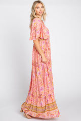 Pink Floral V-Neck Maxi Dress