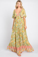 Light Olive Floral V-Neck Maxi Dress