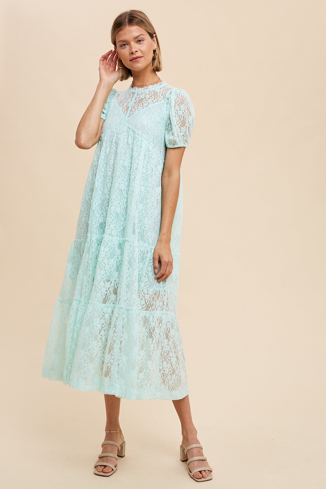 Mint Lace Tiered Maternity Midi Dress PinkBlush Mint Lace Tiered Maternity Midi Dress PinkBlush