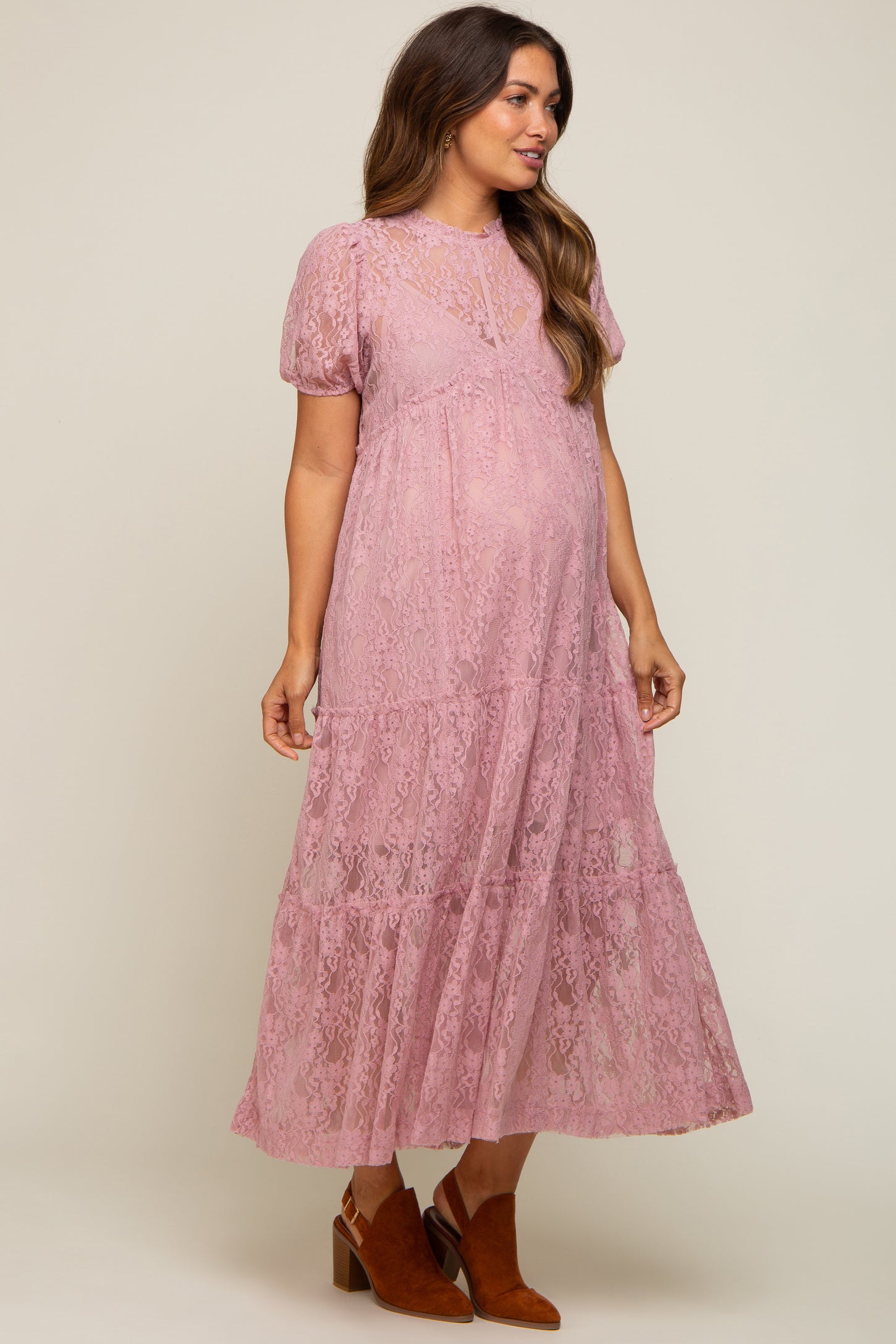 Mauve Lace Tiered Maternity Midi Dress Mauve Lace Tiered Maternity Midi Dress
