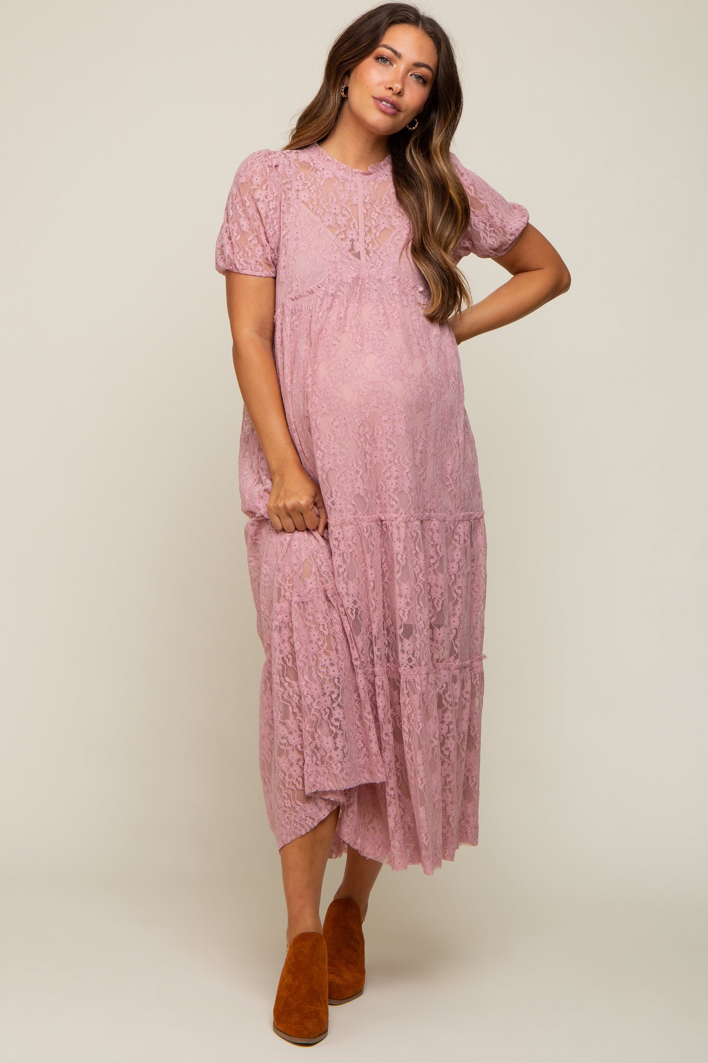 mauve lace maternity dress PinkBlush Mauve Lace Mesh Overlay Maternity Maxi Dress Small S Mesh Overlay New