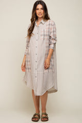 Grey Plaid Contrasting Long Maternity Dress