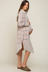 Grey Plaid Contrasting Long Maternity Dress