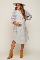 Blue Plaid Contrasting Long Maternity Shirt/Dress