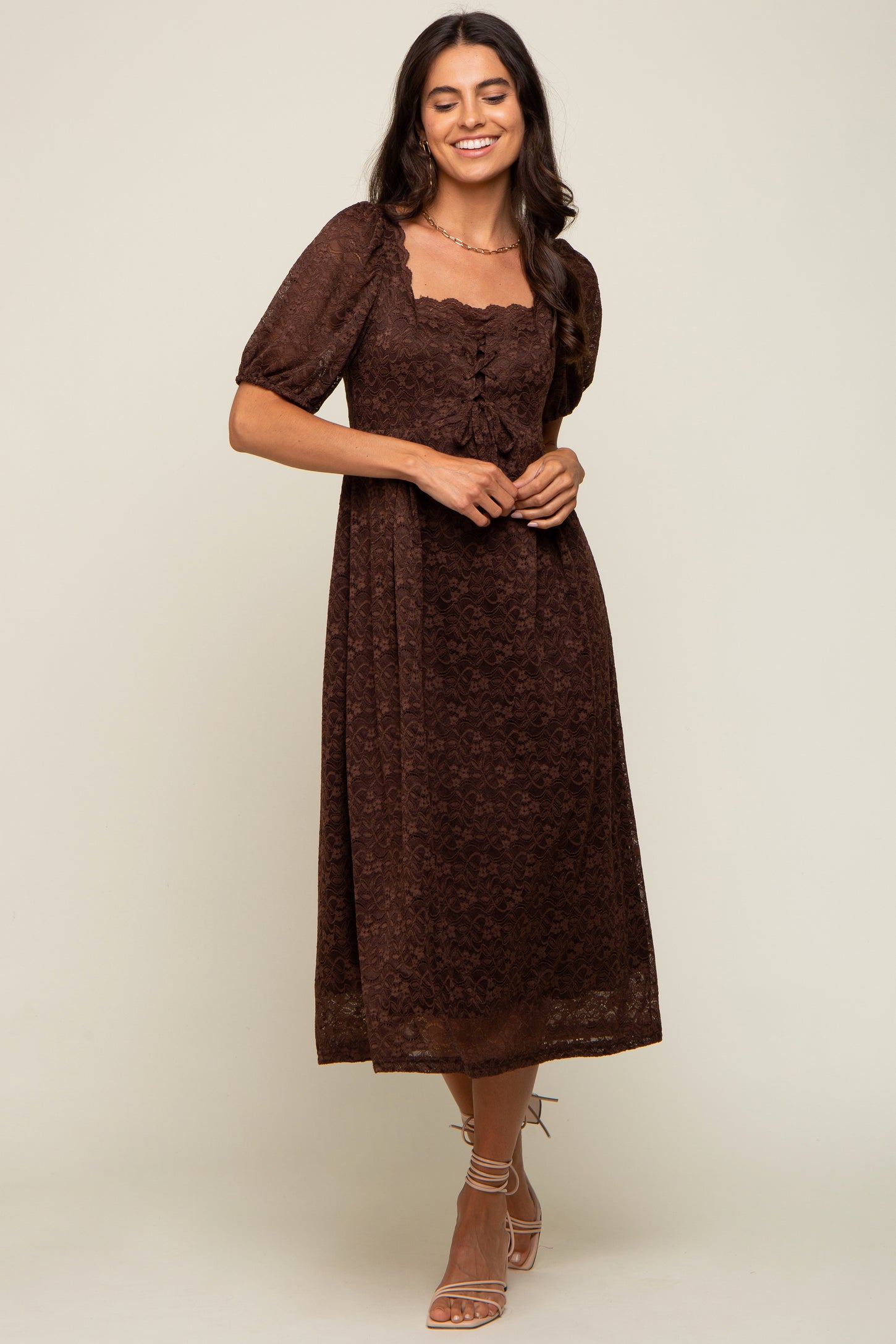 Brown Lace Cutout Maternity Midi Dress PinkBlush Brown Lace Cutout Maternity Midi Dress PinkBlush
