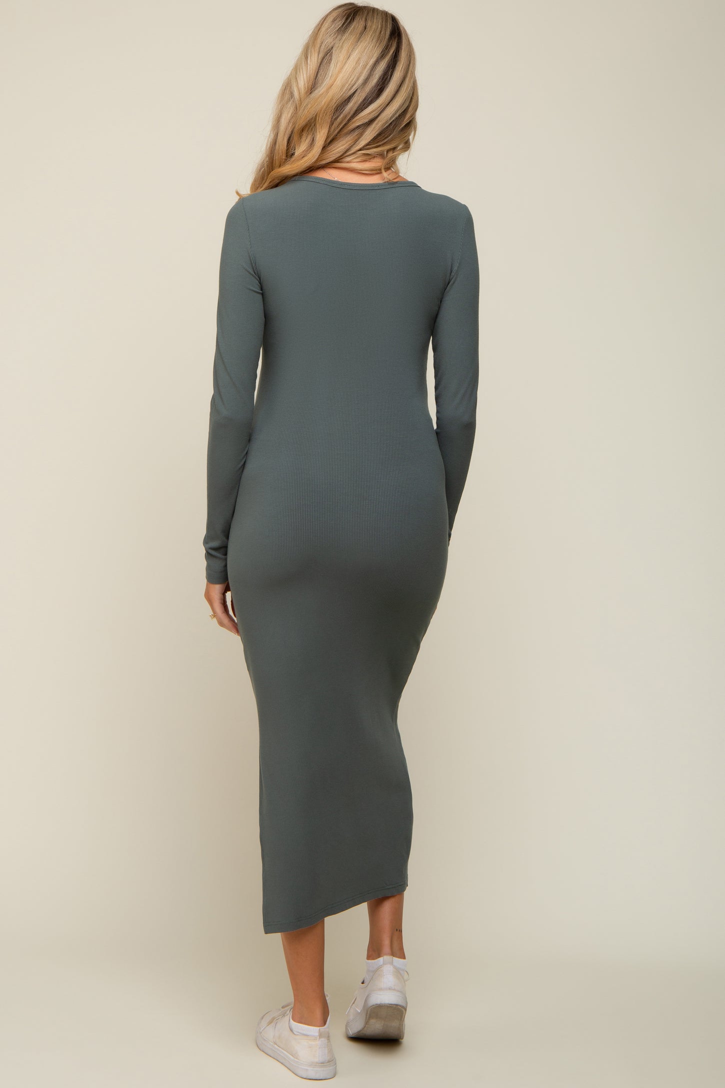 Olive Ribbed Front Button Long Sleeve Maternity Midi Dress
