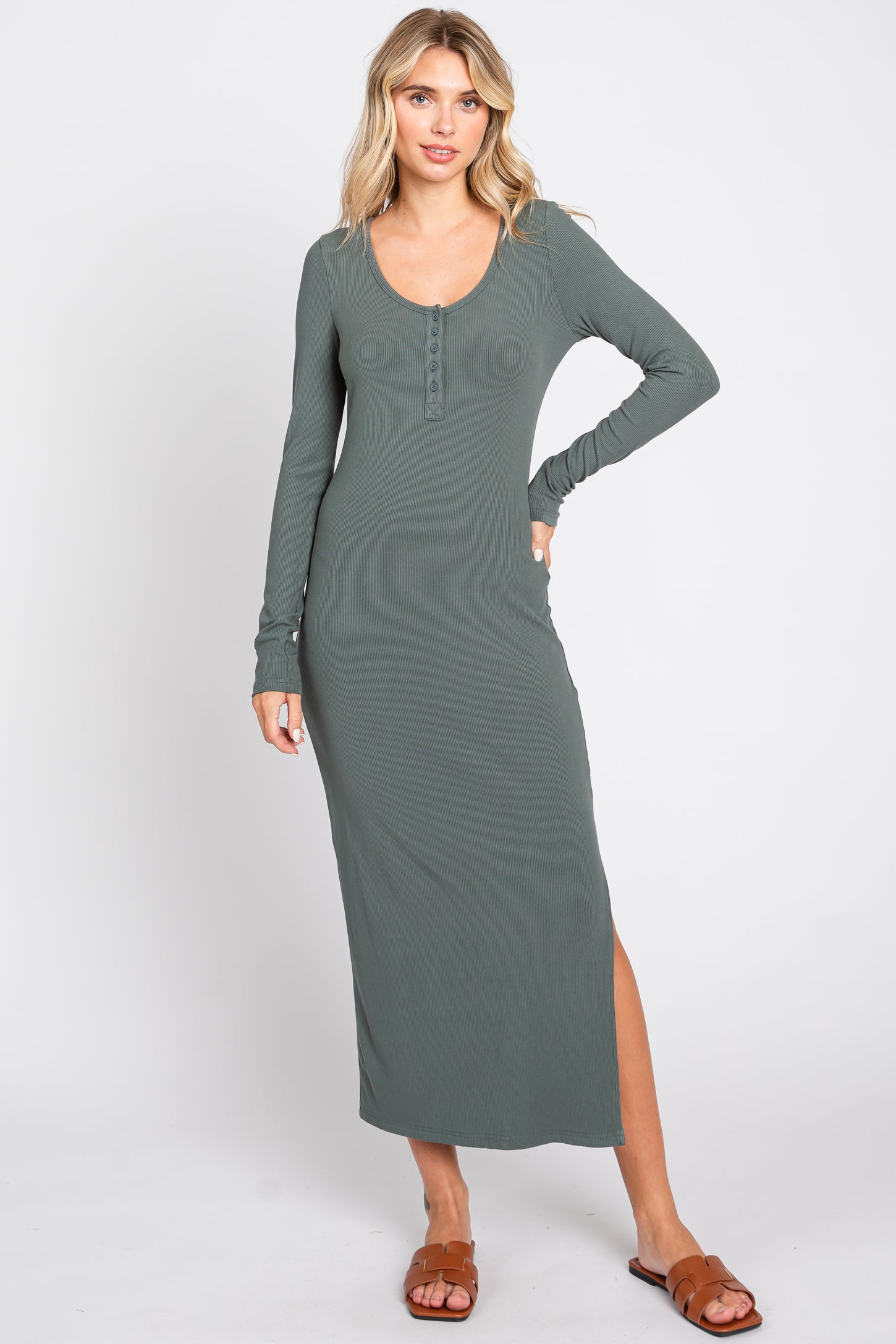 Olive Ribbed Front Button Long Sleeve Midi Dress