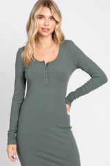 Olive Ribbed Front Button Long Sleeve Midi Dress