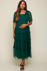 Forest Green Ruffled Mesh Maternity Maxi Dress