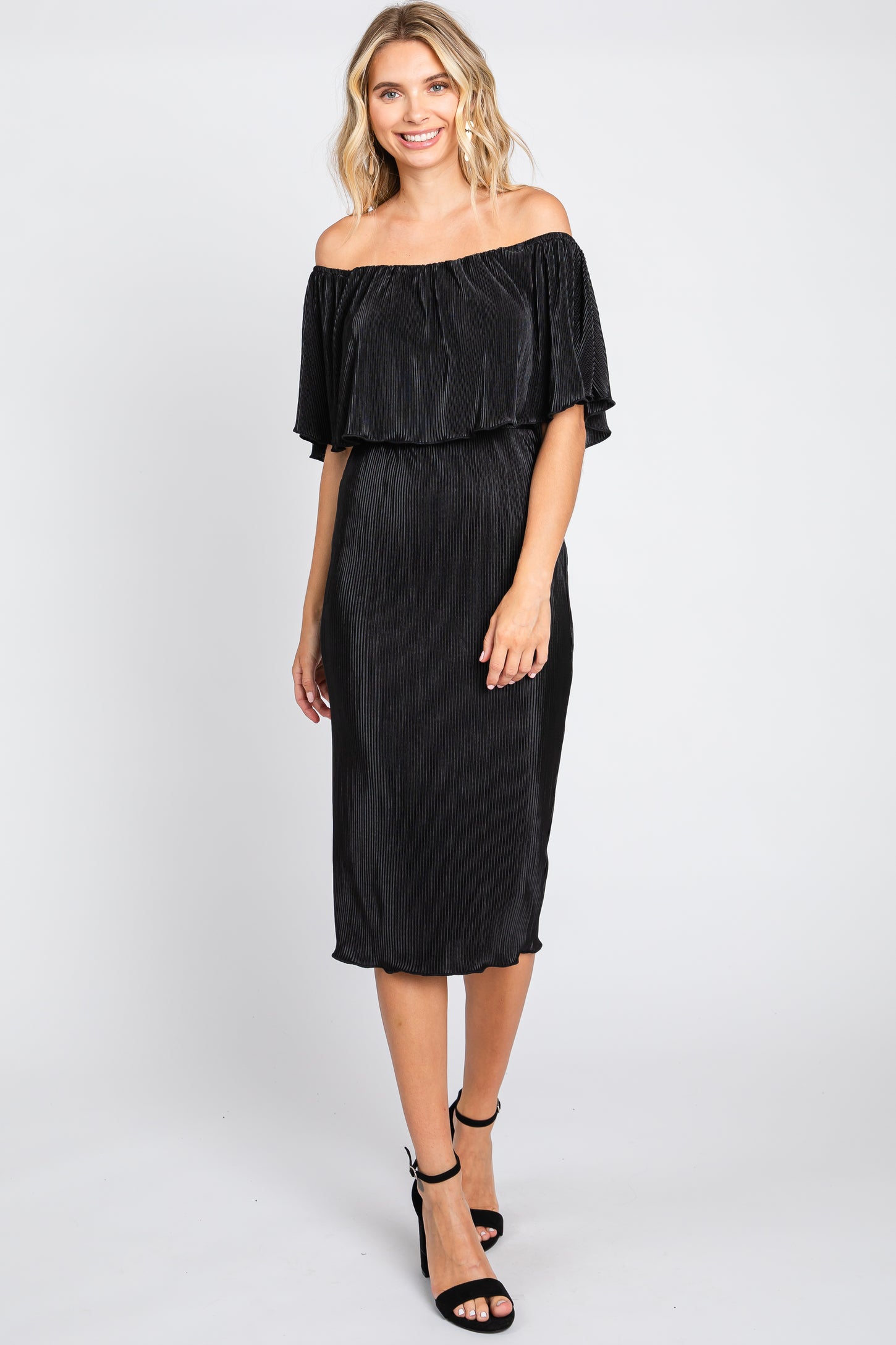 Black Pleated Rib Off Shoulder Maternity Dress