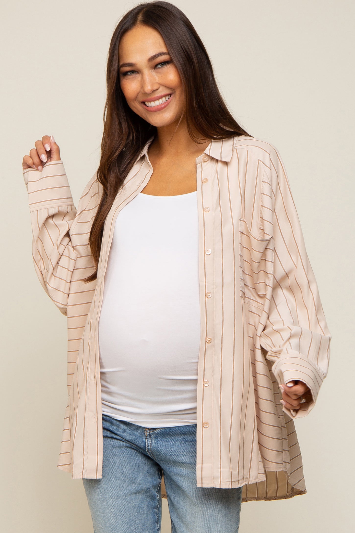 Cream Striped Oversized Maternity Blouse