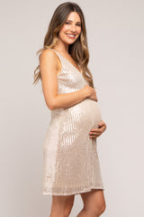 Beige Sequin Sleeveless Maternity Dress