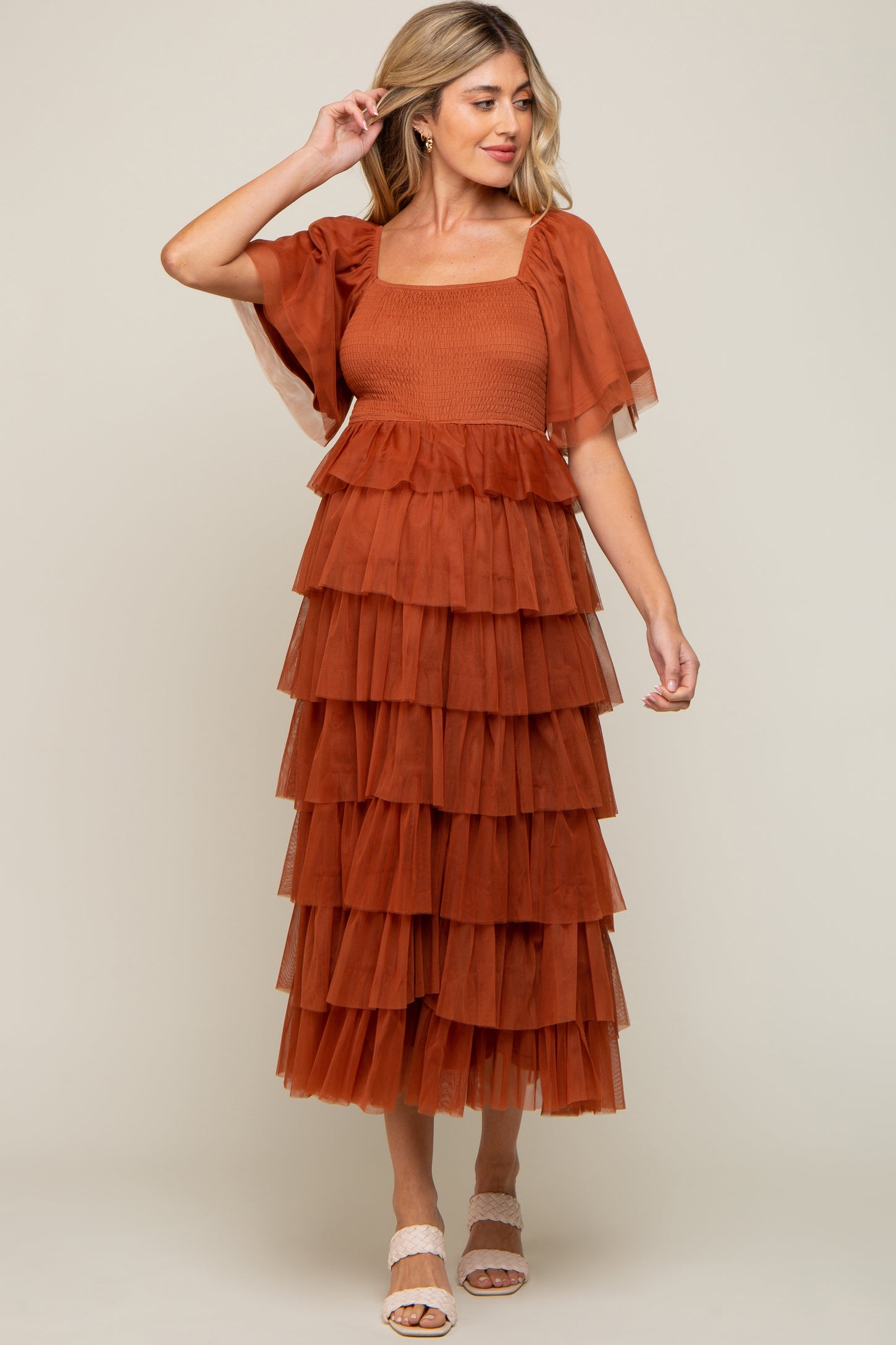 Camel Tulle Smocked Square Neck Tiered Maternity Midi Dress
