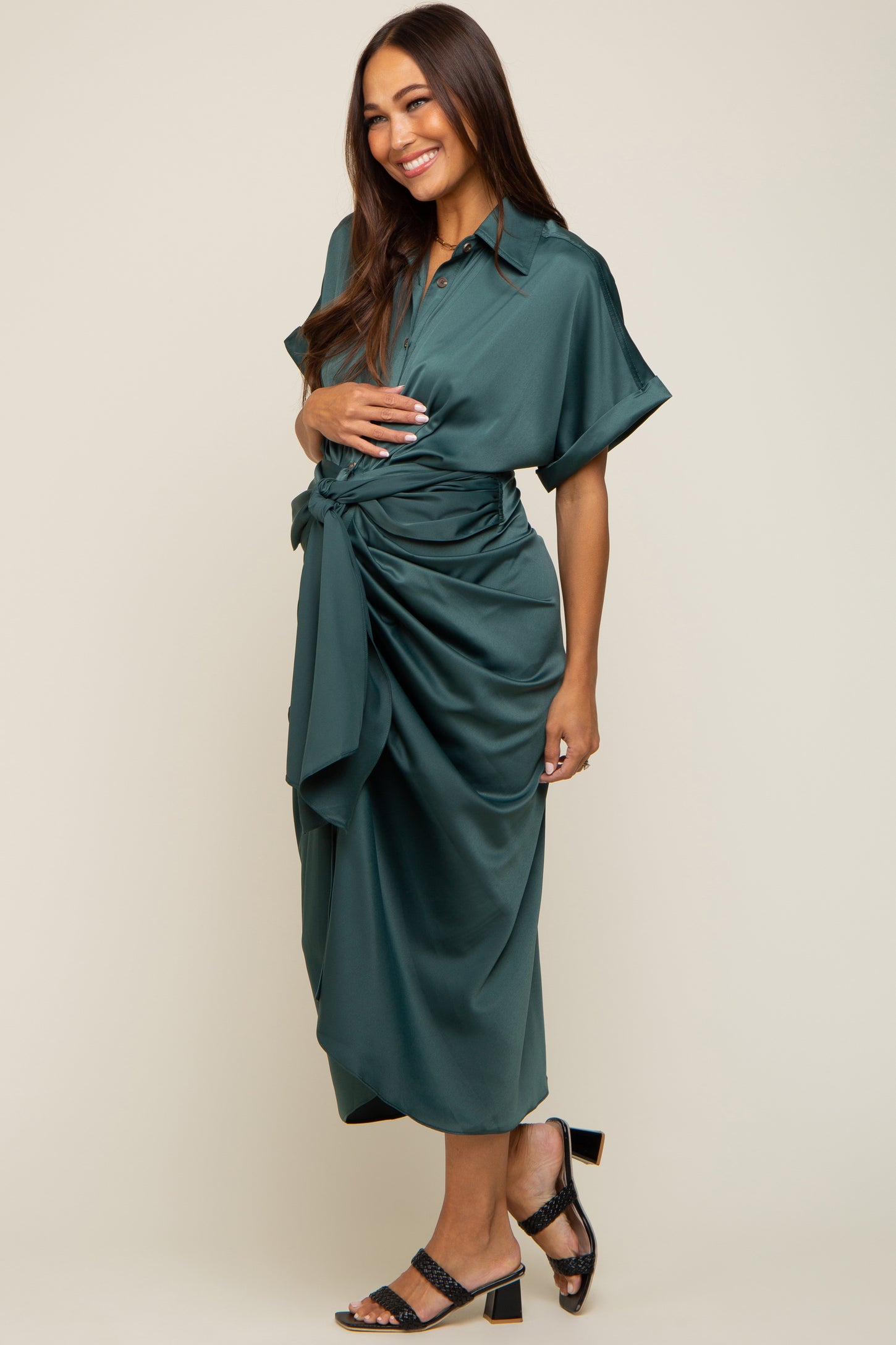 Green Satin Button Down Gathered Maternity Midi Dress PinkBlush Green Satin Button Down Gathered Maternity Midi Dress PinkBlush