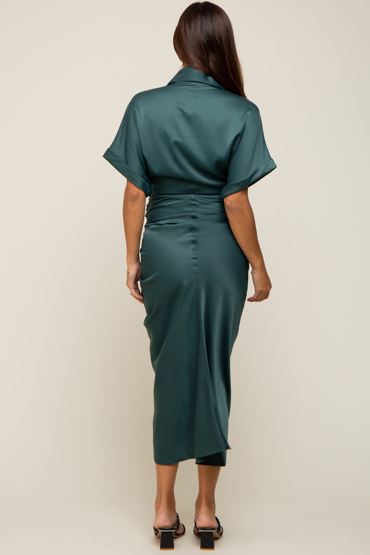 Green Satin Button Down Gathered Maternity Midi Dress PinkBlush Green Satin Button Down Gathered Maternity Midi Dress PinkBlush