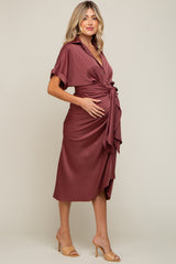 Mauve Satin Button Down Gathered Maternity Midi Dress