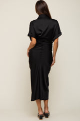 Black Satin Button Down Gathered Maternity Midi Dress