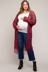 Burgundy Crochet Fringe Hem Maternity Plus Cardigan