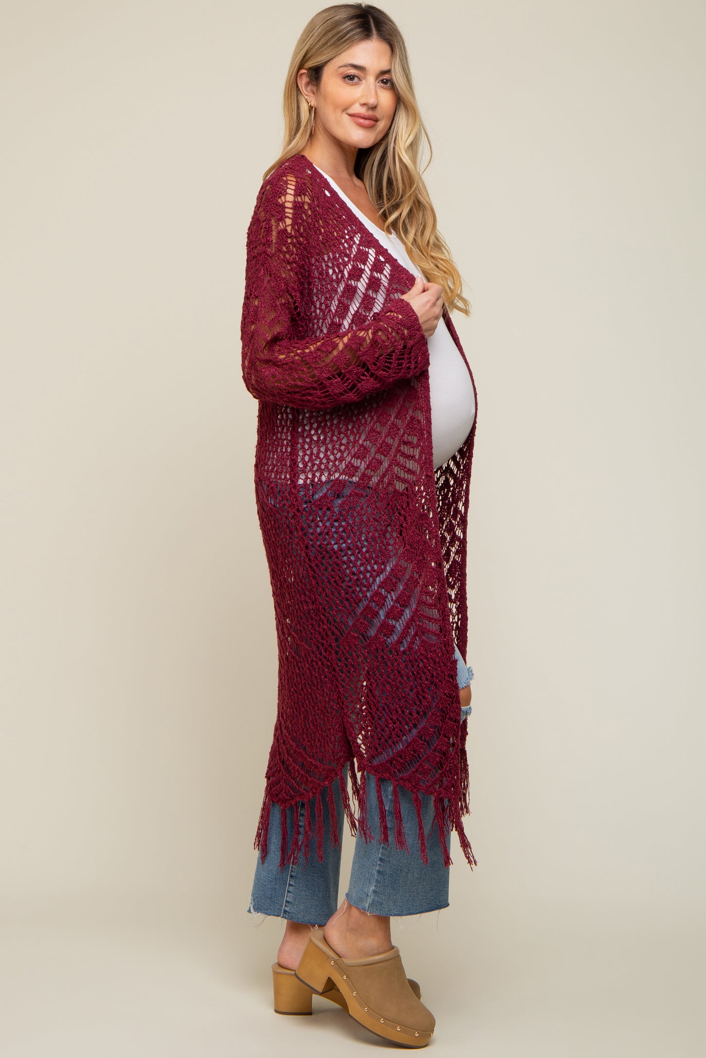 Burgundy Crochet Fringe Hem Maternity Cardigan