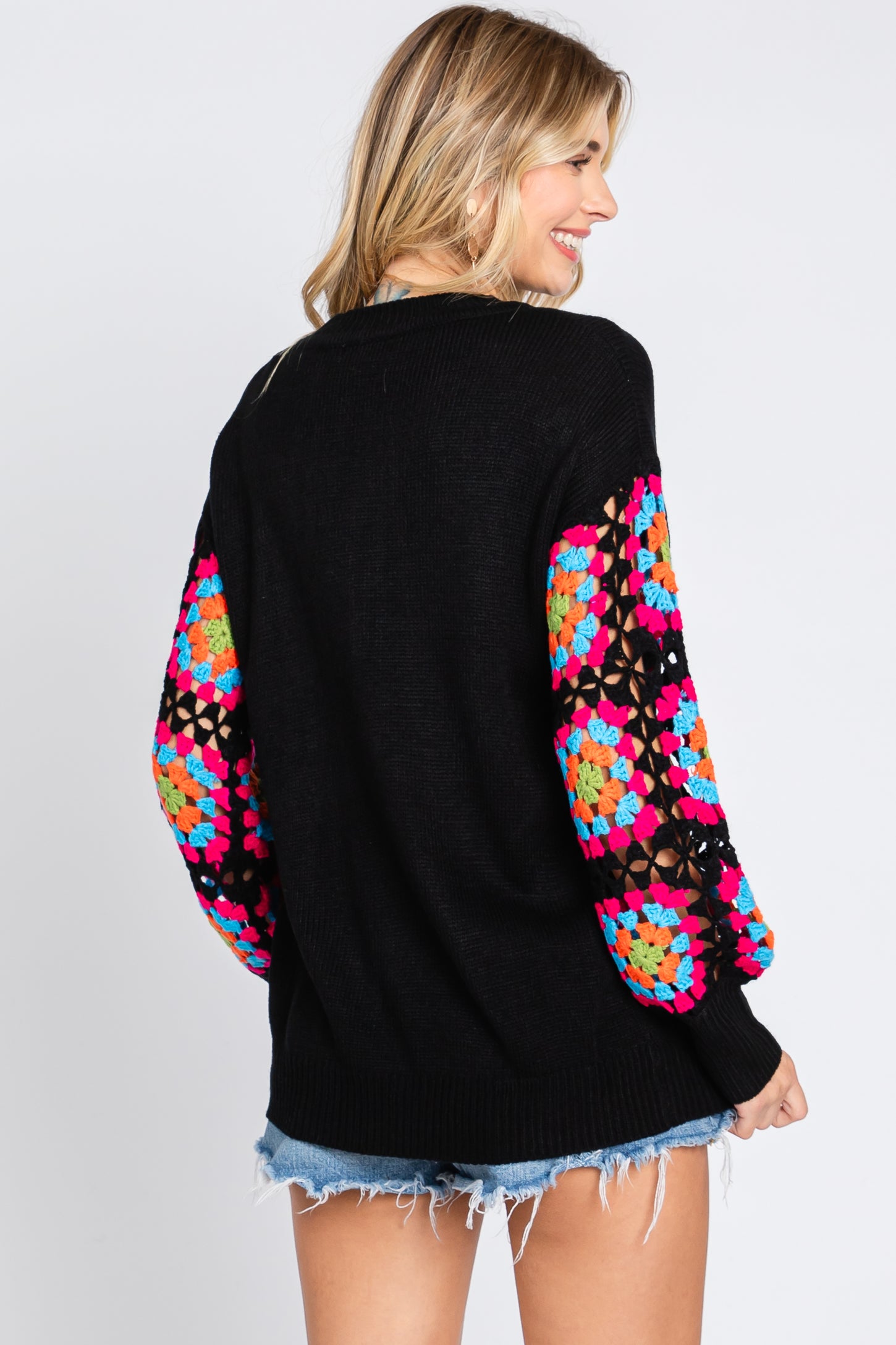 Black Crochet Sleeve Sweater