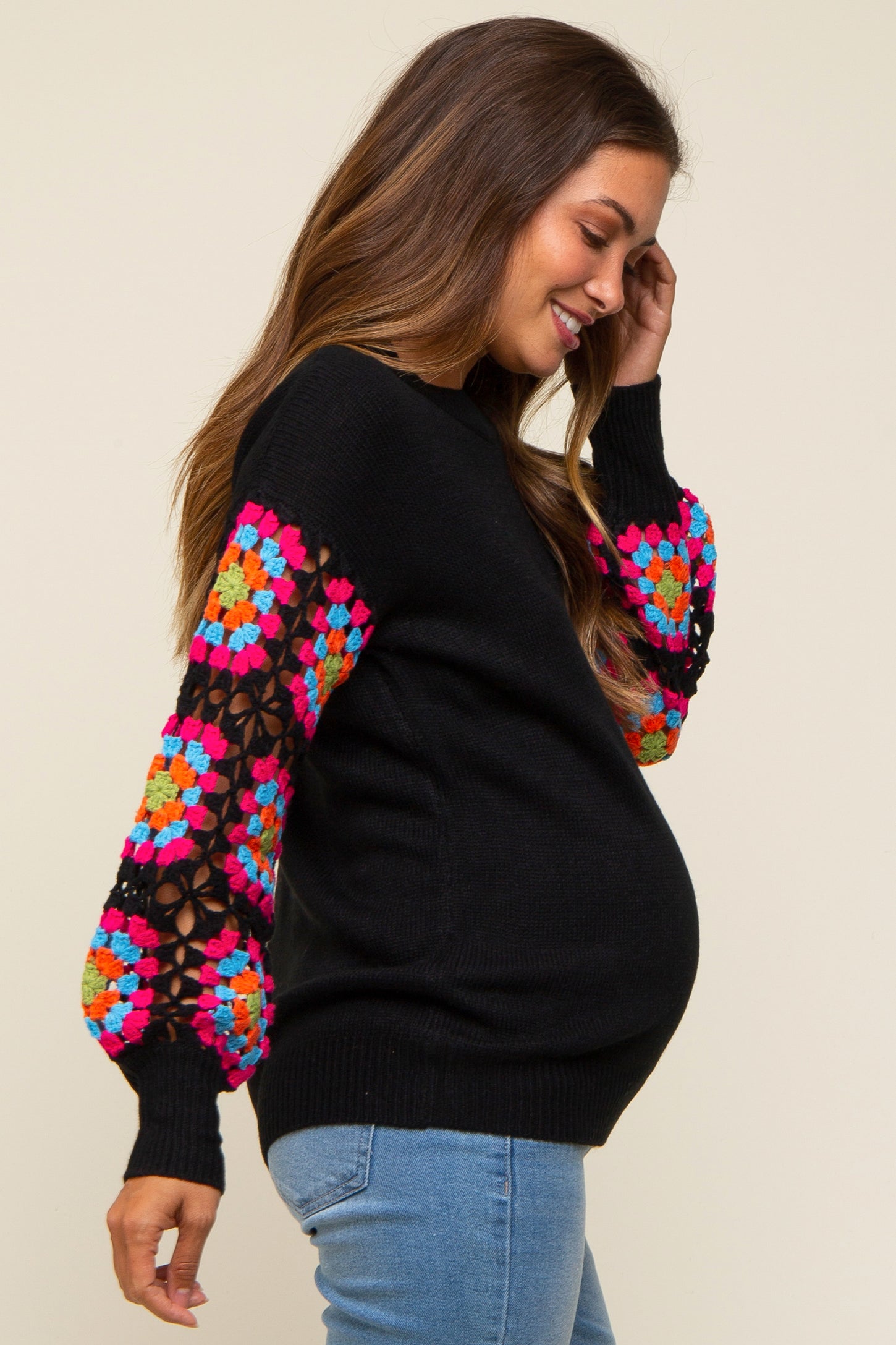 Black Crochet Sleeve Maternity Sweater