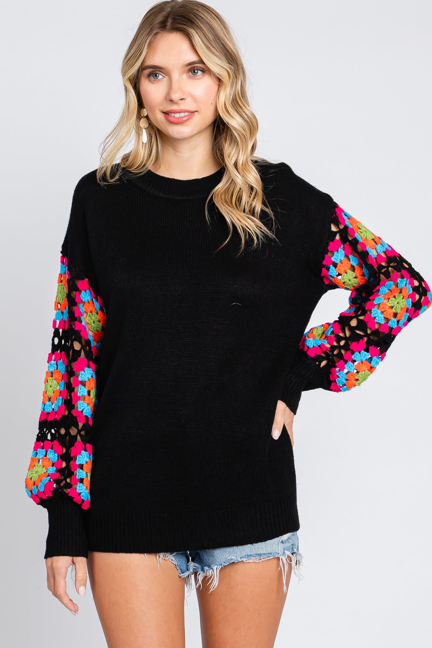 Black Crochet Sleeve Sweater