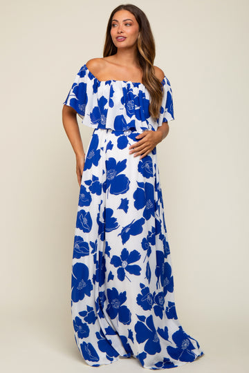 White Floral Off Shoulder Flounce Maternity Maxi Dress