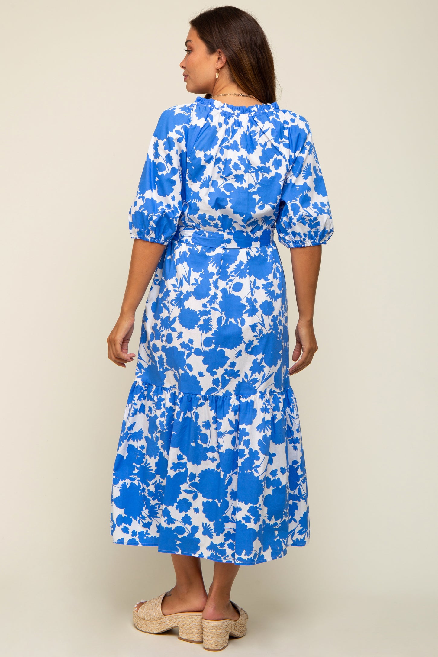 Blue Floral Button Up Puff Sleeve Maternity Midi Dress – PinkBlush