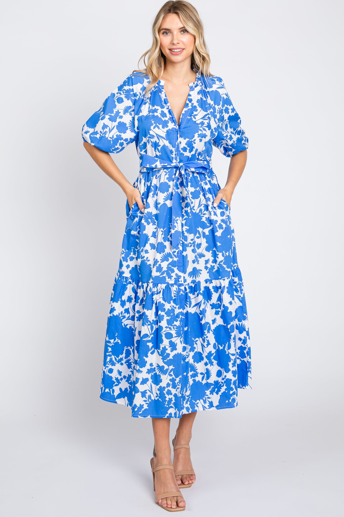 Blue Floral Button Up Puff Sleeve Maternity Midi Dress