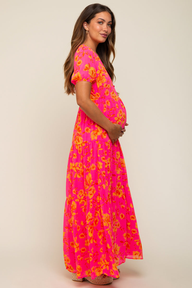 Neon Pink Floral Front Button Tiered Maternity Maxi Dress – PinkBlush