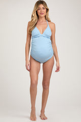 Light Blue Ribbed Low Back Halter One-Piece Maternity Swimsuit