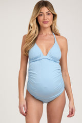 Light Blue Ribbed Low Back Halter One-Piece Maternity Swimsuit