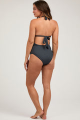 Black Ribbed Low Back Halter One-Piece Maternity Swimsuit
