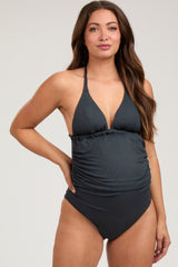 Black Ribbed Low Back Halter One-Piece Maternity Swimsuit