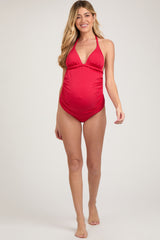 Red Ribbed Low Back Halter One-Piece Maternity Swimsuit