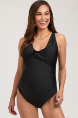 Black Tie Front V-Neck Criss Cross Back One-Piece Maternity Swimsuit