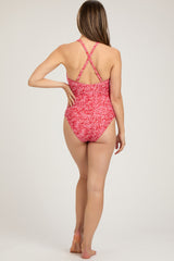 Rust Floral Tie Front V-Neck Criss Cross Back One-Piece Maternity Swimsuit