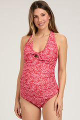 Rust Floral Tie Front V-Neck Criss Cross Back One-Piece Maternity Swimsuit